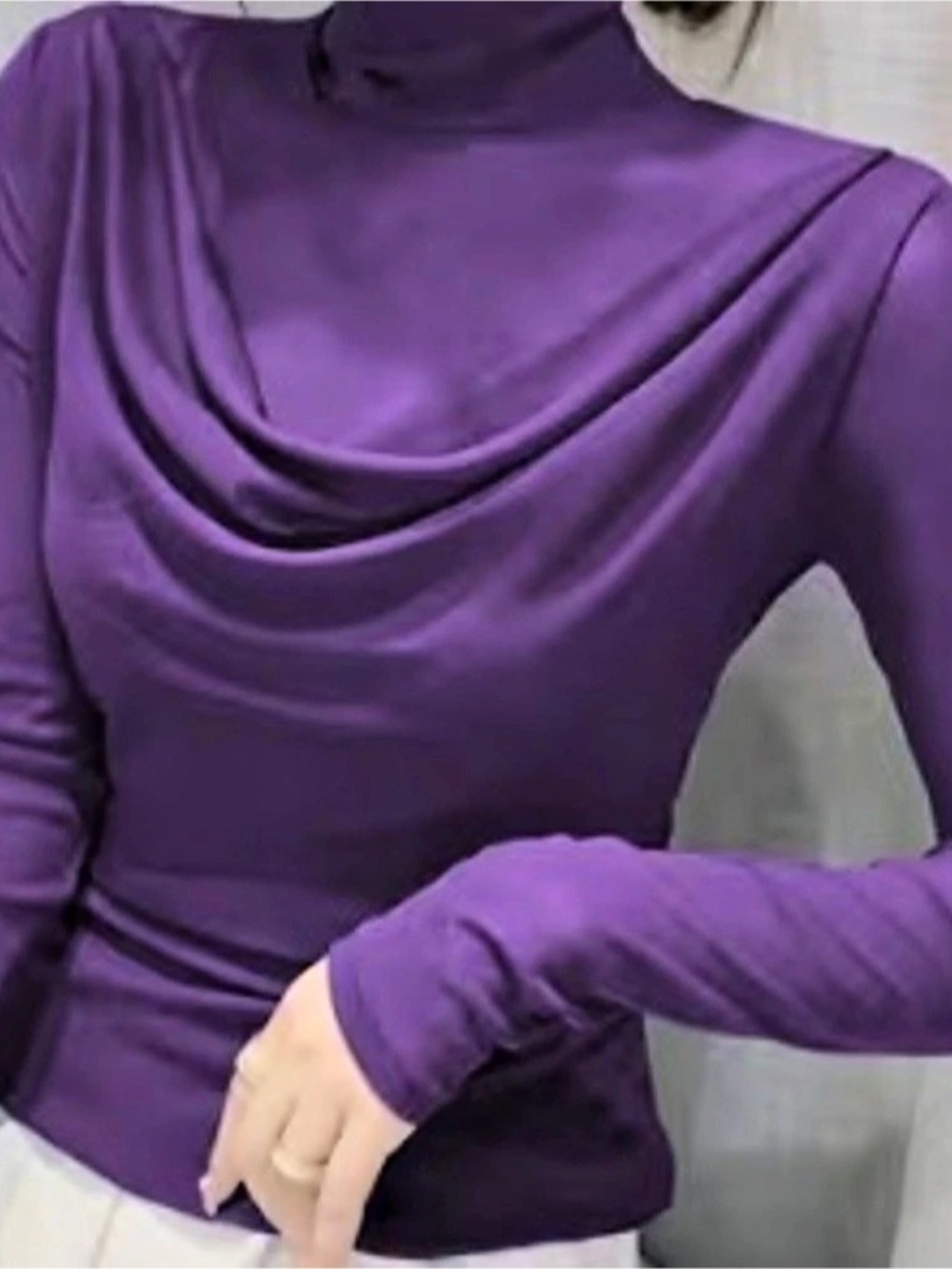 Draped Neck Long Sleeve Top in Purple